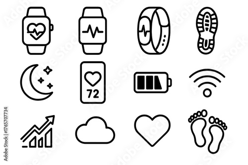 Wearable Tech Icons. Wearable Monitoring outline set: smartwatch, pulse monitor, fitness band, shoe print, sleep tracker, smartphone, battery, wireless symbol, chart arrow, cloud,