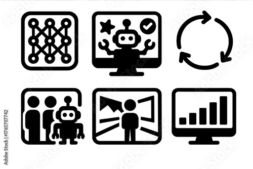 Brutalist AI Icons. AI Simulation silhouette set: neural network, robot test environment, reinforcement loop, agent interaction, virtual scenario, training progress.,