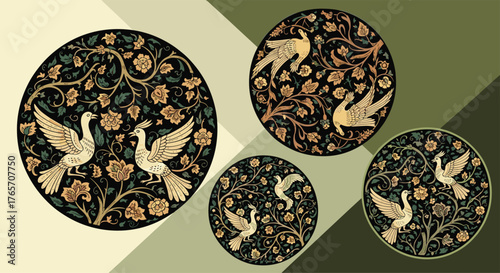 Elegant Bird and Floral Medallions - A Vintage-Inspired Design.