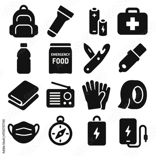 Disaster Gear Icons. Disaster Survival Gear icons in silhouette. Backpack, flashlight, batteries, first aid kit, water bottle, emergency food pack