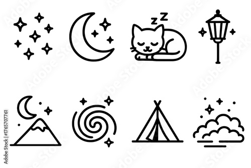 Nighttime Icon Medley. Night outline set: star cluster, crescent moon with stars, sleeping cat, street lamp, mountain under moon, galaxy swirl, tent, misty sky.