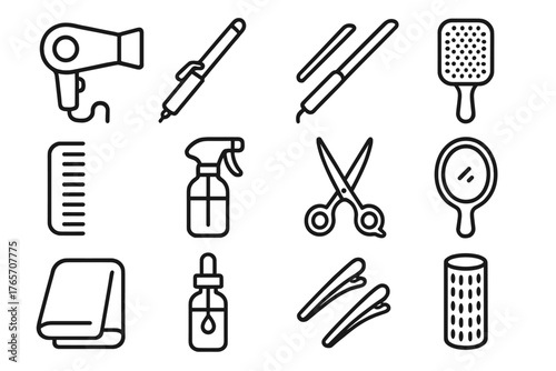 Hair Styling Icons. Hair Styling Tools outline set: hairdryer, curling iron, straightener, brush, comb, spray bottle, scissors, mirror, towel, serum, clips, hair roller.