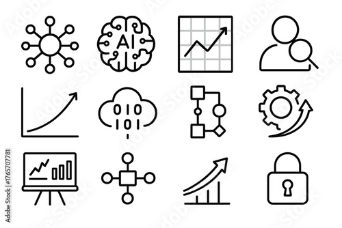 E-Commerce AI Icons. AI-Powered E-Commerce Analytics outline set: neural network, AI brain, predictive chart, customer insight, trend curve, data cloud, algorithm icon,