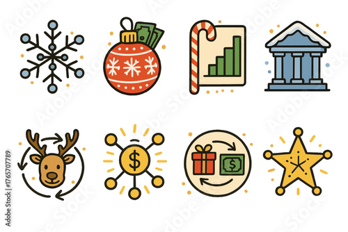 Festive Financial Icons. Festive Financial Ecosystems linear set: snowflake network, ornament wallet, candy cane stock chart, frosty bank icon, reindeer exchange node, glowing