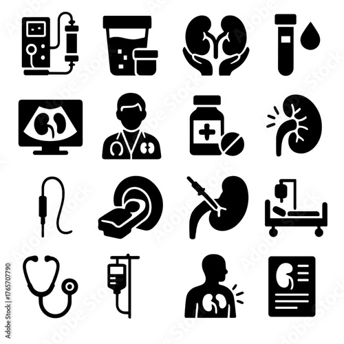 Kidney Care Icons. Kidney health and medical care icons in silhouette. Dialysis machine, urine test, kidney transplant, blood test, ultrasound