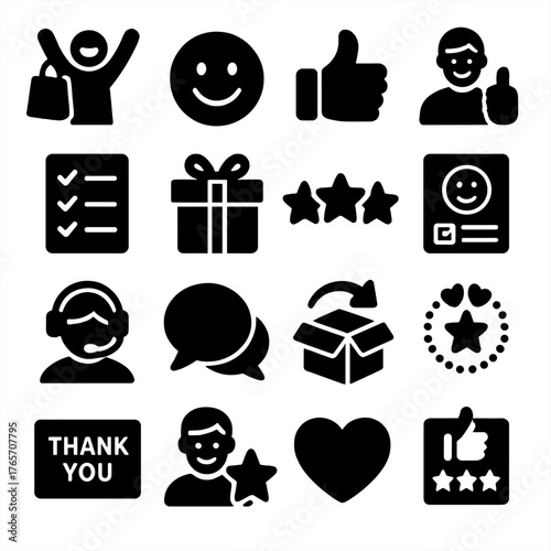 Customer Experience Icons. Discount customer experience icons in silhouette. Happy shopper, smiling face, thumbs up, satisfied customer, shopping
