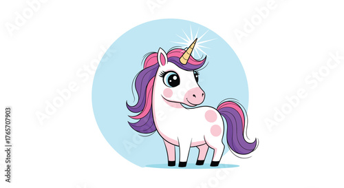 Adorable cartoon unicorn with a golden horn and purple mane standing proudly.
