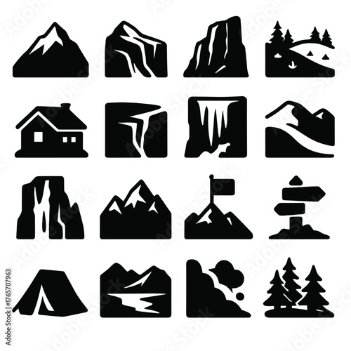 Alpine Terrain Icons. Alpinist environments and terrains icons in silhouette. Snowy peak, glacier, rocky cliff, alpine meadow, mountain hut, crevasse