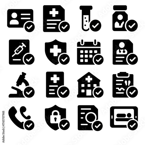 Healthcare Validation Icons. Validation in healthcare and medical fields icons in silhouette. Patient ID, medical report validation, lab test