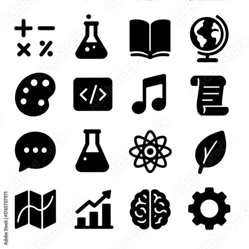 Educational Icons Set. Online course subjects and disciplines icons in silhouette. Math symbols, science flask, literature book, globe, art palette