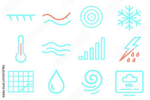 Winter Weather Icons. Winter Weather Fronts Modern Digital Display silhouette set: glowing cold front line, blue and red wave, luminous radar circle, neon snowflake, gradient
