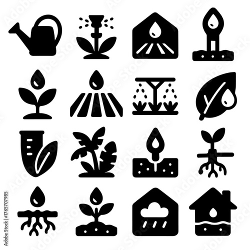 Agriculture Humidity Icons. Humidity in agriculture and plants icons in silhouette. Watering can, sprinkler, greenhouse, soil moisture meter, plant