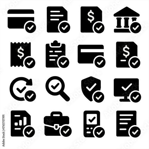 Finance Approval Icons. Confirmation in finance and payments icons in silhouette. Payment confirmation, invoice approved, loan approval, bank