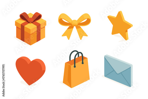 Isometric Gift Icons. Gift wishlist flat icons: wrapped present, ribbon, star, heart, shopping bag, envelope.