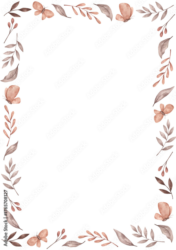 Obraz premium Watercolor hand-drawn frame with brown and beige leaves, branches, berries and butterfly. Boho template card for design baby shower, gender reveal party and nursery.
