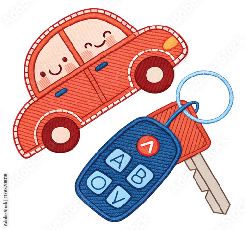 Adorable smiling red car with a cute key fob, perfect for creative projects and children's themes evoking joy and transportation