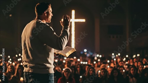Man preacher delivering a Christian sermon to a congregation holding candles in a dark hall, modern protestant religious service.