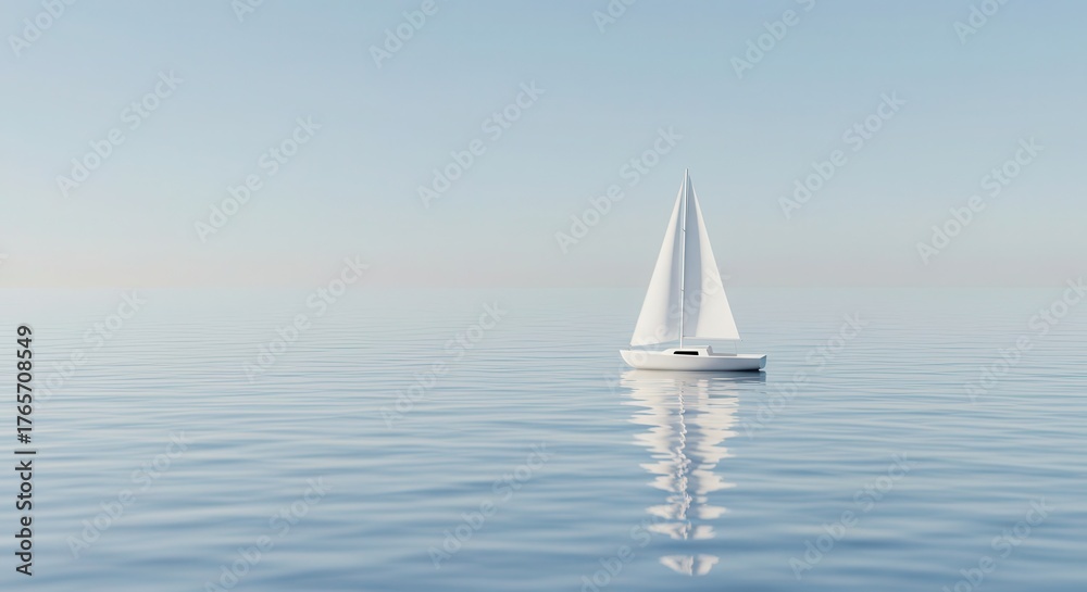 Obraz premium Minimalist white sailboat glides across calm, blue waters under a pale sky.