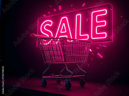 Vibrant neon pink SALE sign illuminates a sleek metal shopping cart against a dark background, perfect for retail promotions and discounts.