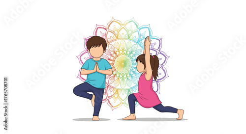 Two children practicing yoga poses with a colorful mandala.