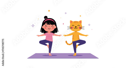 Cute girl and cat doing yoga tree pose together.