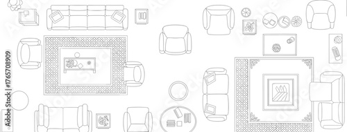 Living room top view layout, modern furniture plan, sofa and armchair arrangement, coffee table and rug design, contemporary home interior blueprint, architecture drawing illustration