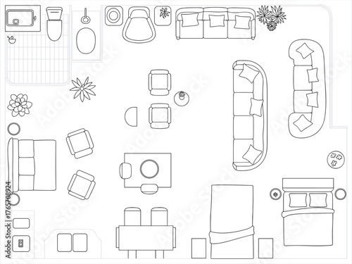 Modern apartment floor plan, living room, bedroom, and bathroom layout, top view furniture arrangement, minimalist interior design, architectural home plan, black line vector illustration
