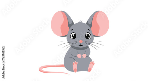 Adorable gray cartoon mouse with big pink ears sitting down.
