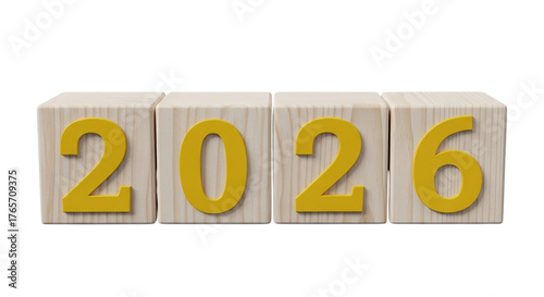 Happy New Year 2026 : Wooden Blocks with Yellow Numbers