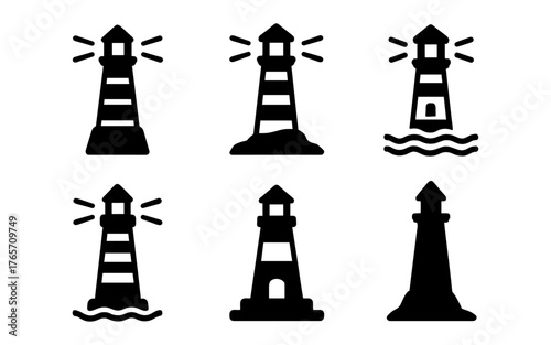 Minimalist lighthouse icons set: nautical black silhouettes with sea elements