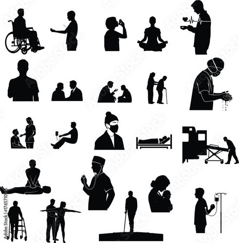 Collection of silhouettes representing healthcare professionals caregivers and patients in various medical scenarios