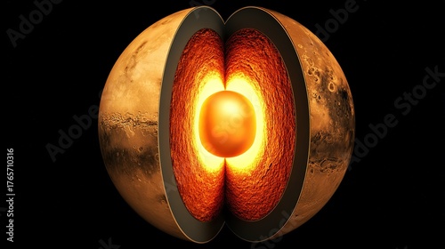 mars. A cross-section visual of Mars revealing its glowing, solid metallic core at the center. STEM education sheets, lab safety posters, designed for biotech research communications.