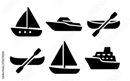 Set of nautical icons featuring boats and ships in black silhouette style