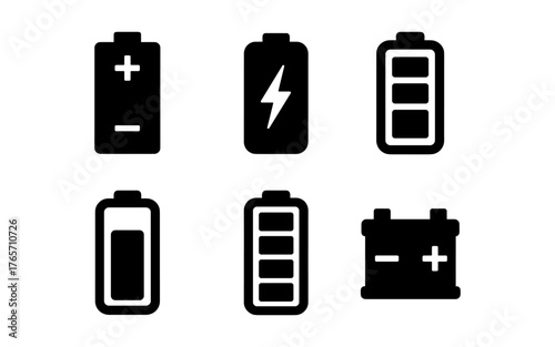 Battery icon set: bold black and white energy symbols for tech design
