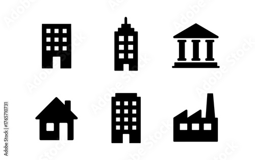 Minimalist black silhouette icons of buildings including house, factory, and bank