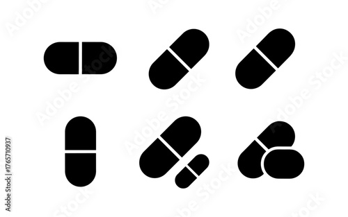 Silhouette capsule icons: minimalist pill design variations for medical and pharmaceutical themes