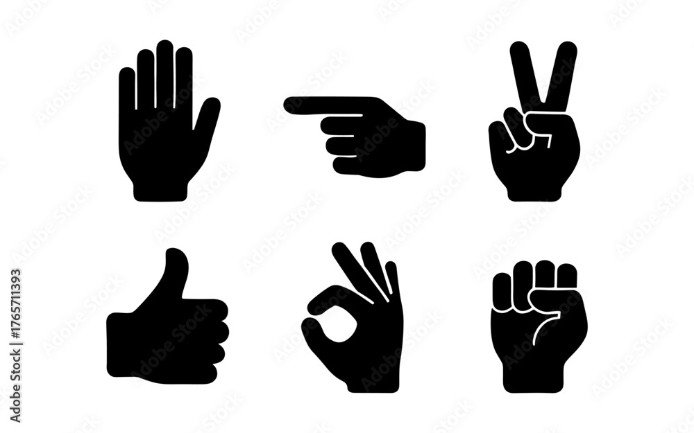 Fototapeta premium Silhouette hand gesture icons: thumbs up, peace, okay, point, fist