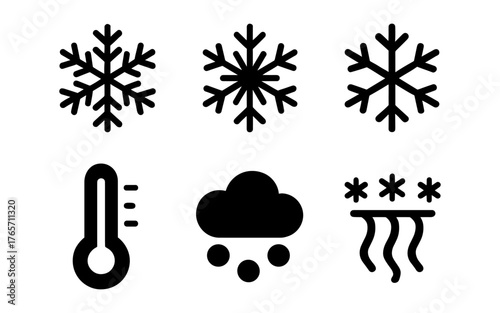 Black and white winter weather icons featuring snowflakes and temperature symbols