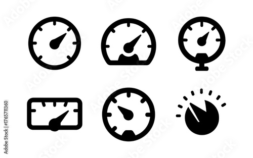 Flat black speedometer icons set for performance and measurement themes