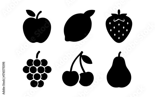 Set of silhouette fruit icons featuring apple, lemon, strawberry, grapes, cherry, and pear