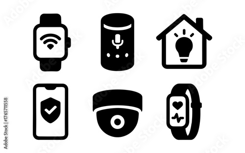 Smart home technology icons featuring gadgets and security devices