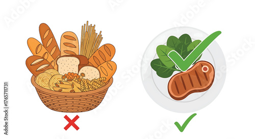 Flat lay illustration of a healthy meal plate with a green checkmark and a basket of assorted breads with a red cross against a clean white