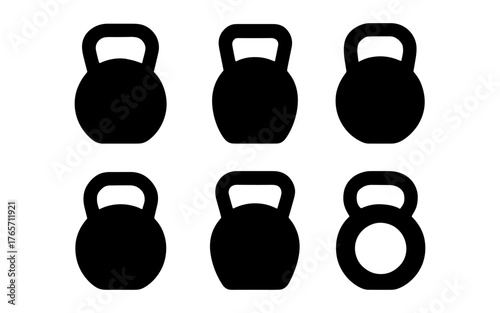 Set of six kettlebell silhouettes on white background for fitness and gym designs