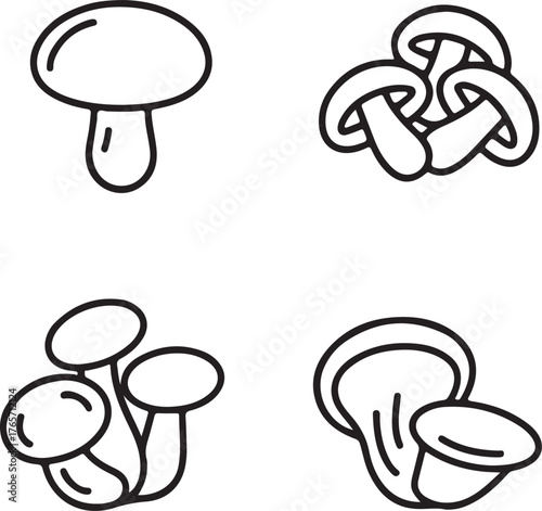 Set of Edible Mushroom Varieties Outline Icons - Food Line Art Vector