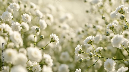Delicate White Gypsophila Flowers Blooming in a Field at Golden Hour