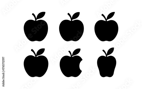 Silhouette apples set: whole and bitten fruit icons for minimalist designs