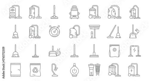 Diverse cleaning icons isolated on white background, featuring various tools and equipment for household chores and maintenance, in a minimalist line art style