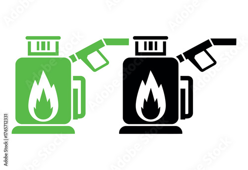 Green and black gas cylinder with flame isolated on white background, representing fuel, energy, and industry