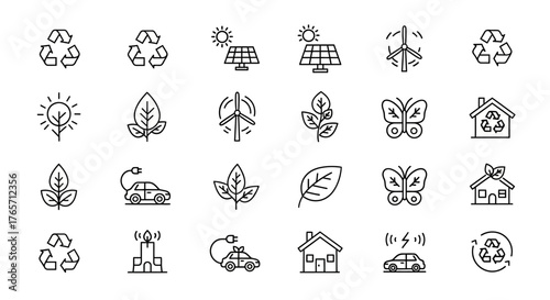 Line art icons representing environmental sustainability, renewable energy, and ecofriendly practices isolated on white background, promoting a greener future
