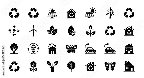 Line art icons representing environmental sustainability, renewable energy, and ecofriendly practices isolated on white background, promoting a greener future